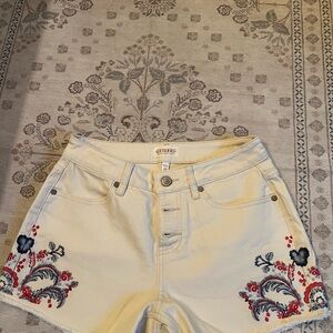 Anthropologie Cream Floral Embroidered High Waist Shorts